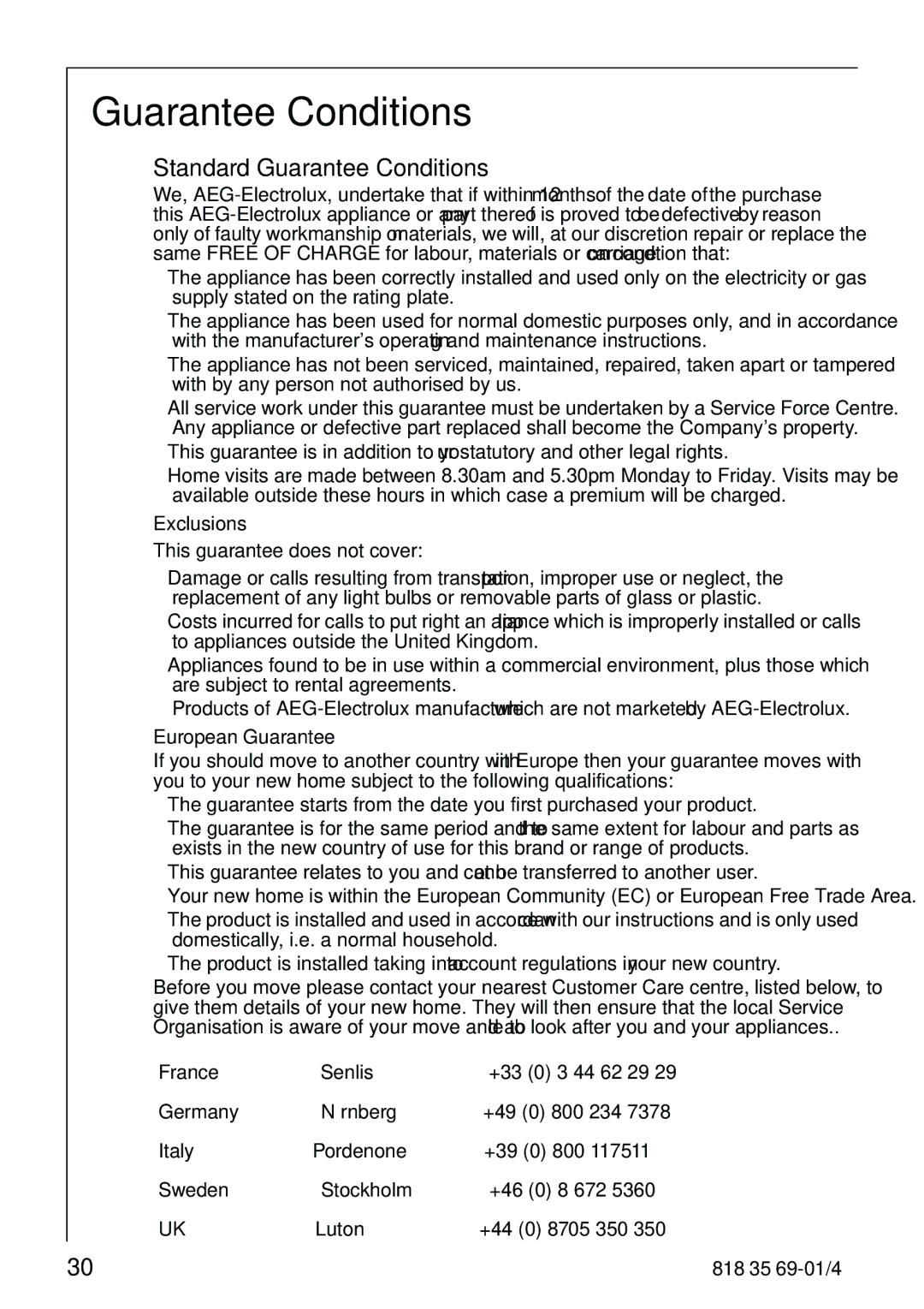Electrolux SANTO 72358 KA1 manual Standard Guarantee Conditions 