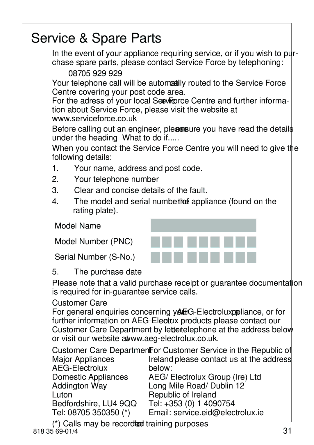 Electrolux SANTO 72358 KA1 manual Service & Spare Parts, 08705 929, Customer Care 