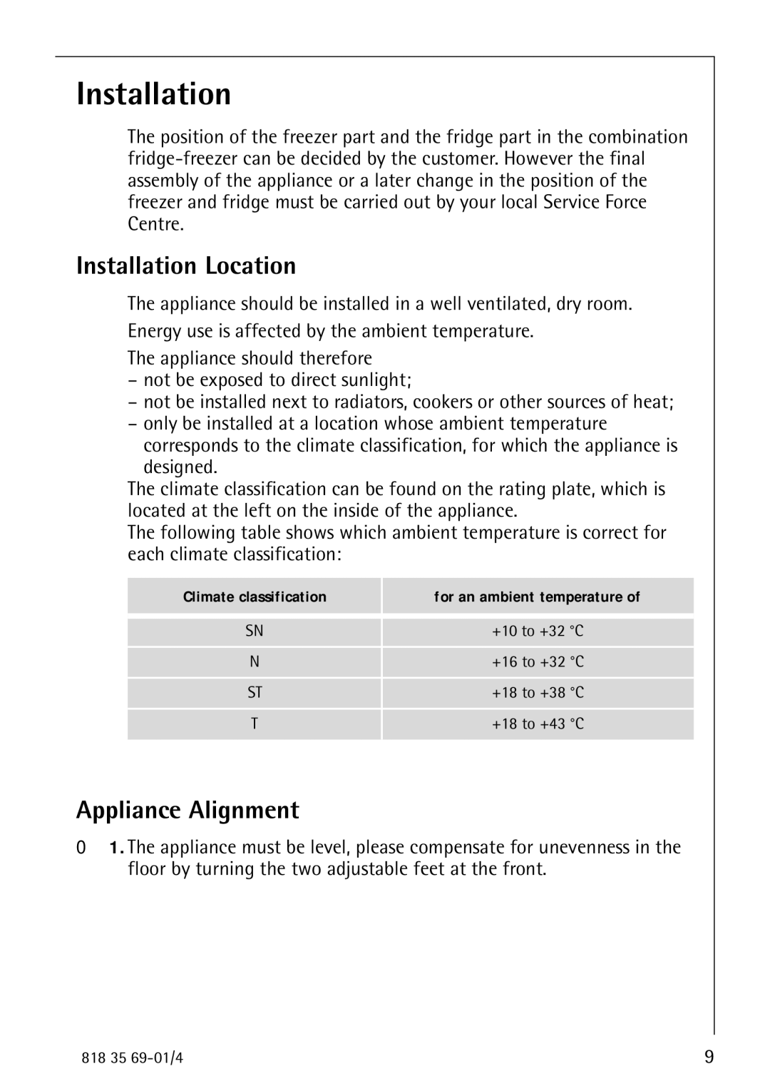 Electrolux SANTO 72358 KA1 manual Installation Location, Appliance Alignment 