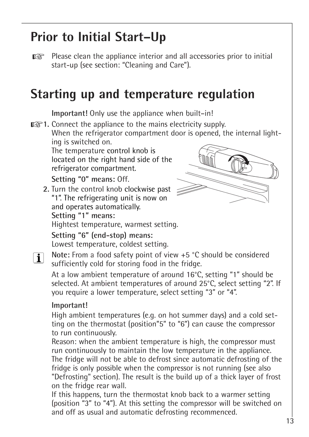 Electrolux SANTO K 78800 Prior to Initial Start-Up, Starting up and temperature regulation, Setting 0 means Off 