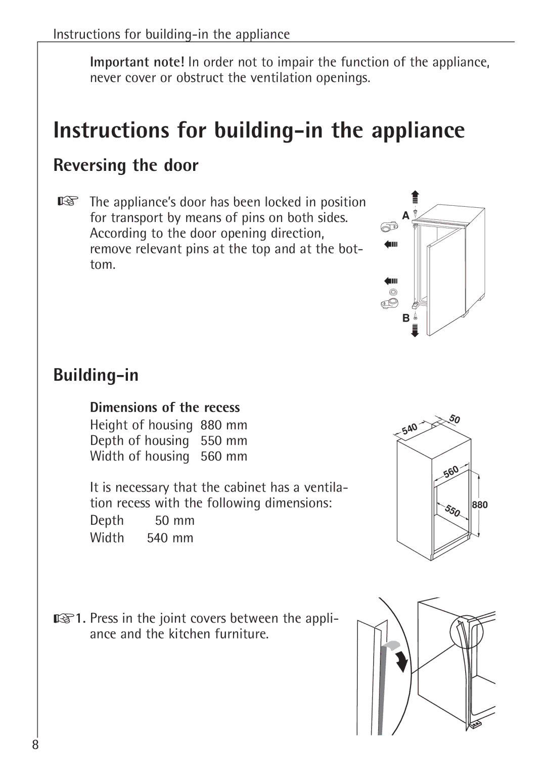 Electrolux SANTO K 78800 Instructions for building-in the appliance, Reversing the door, Building-in 