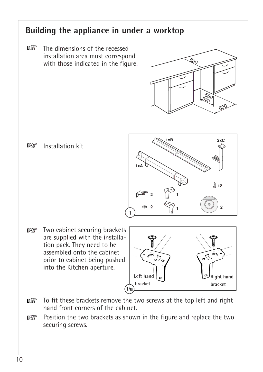 Electrolux SANTO U 66040i Building the appliance in under a worktop, With those indicated in the figure 