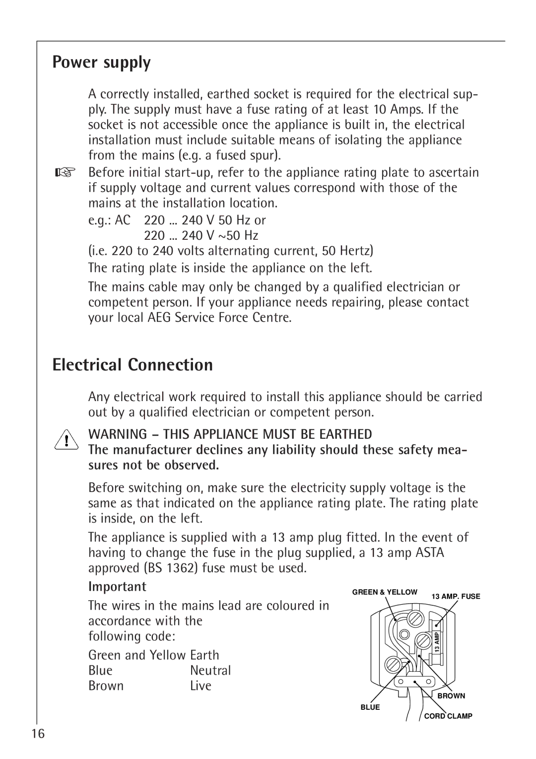 Electrolux SANTO U 66040i installation instructions Power supply, Electrical Connection 