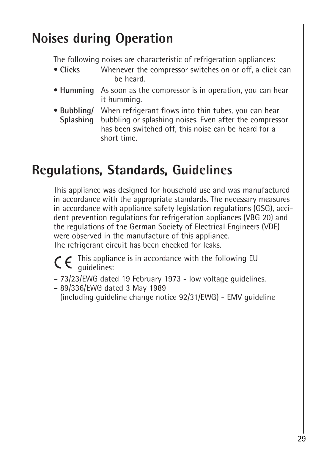 Electrolux SANTO U 66040i installation instructions Noises during Operation, Regulations, Standards, Guidelines 