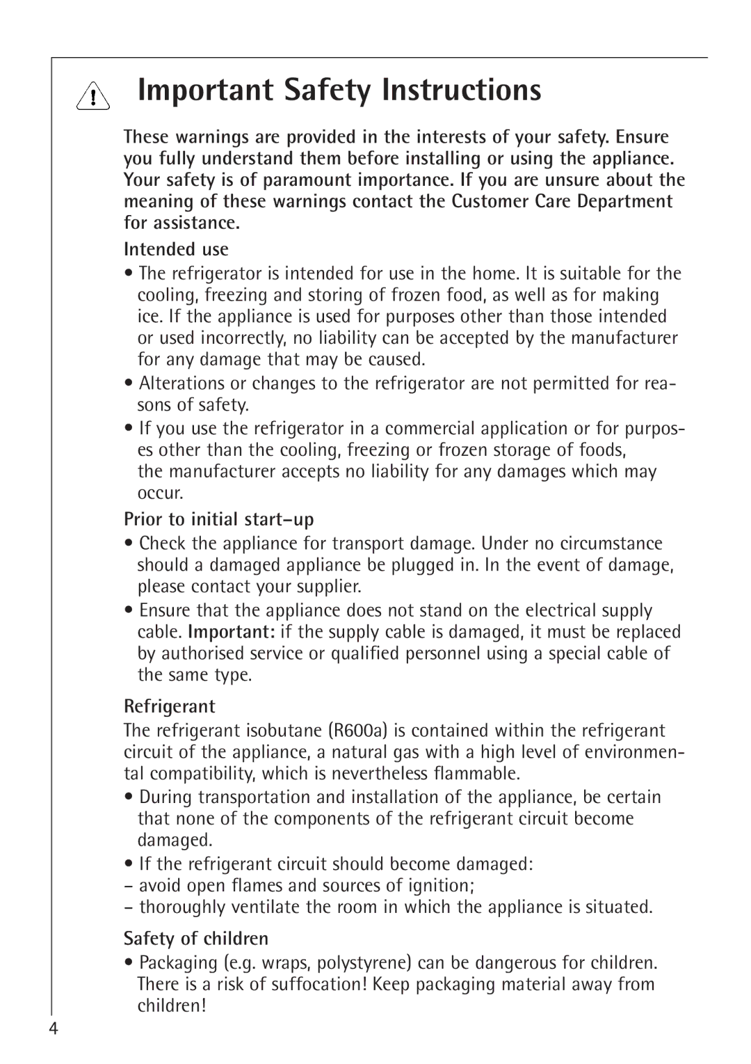 Electrolux SANTO U 66040i Important Safety Instructions, Prior to initial start-up, Refrigerant, Safety of children 