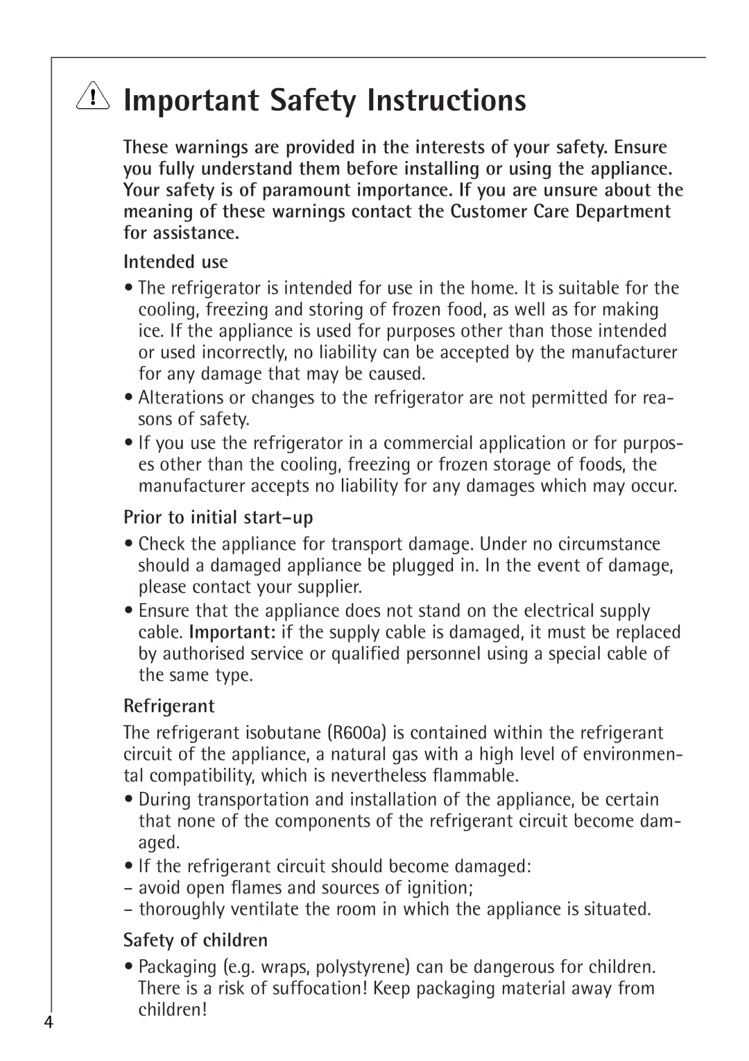 Electrolux SANTO U 86040 i Important Safety Instructions, Prior to initial start-up, Refrigerant, Safety of children 