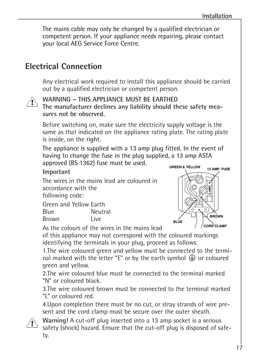 Electrolux SANTO U 86040 i installation instructions Electrical Connection, Warning - This Appliance Must Be Earthed 