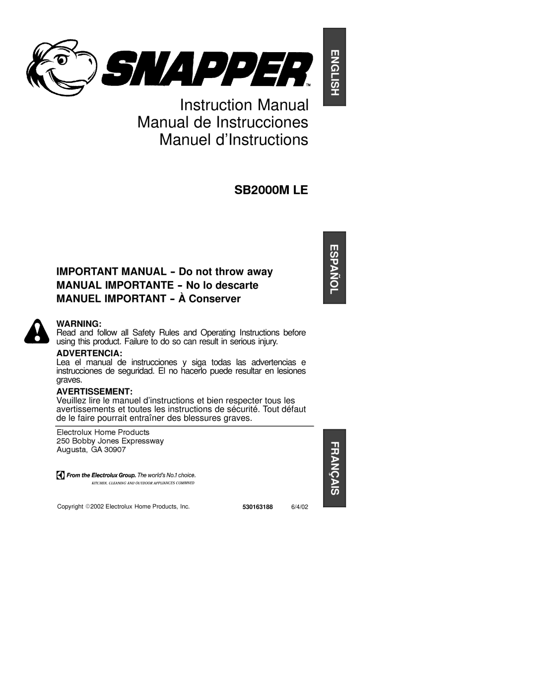 Electrolux SB2000M LE instruction manual Manual de Instrucciones Manuel d’Instructions 