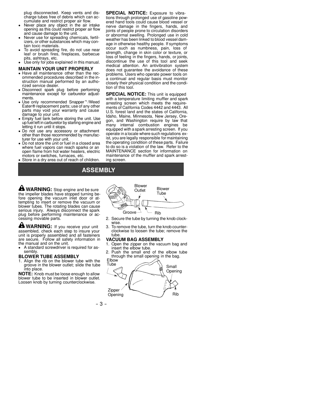 Electrolux SB2000M LE instruction manual Maintain Your Unit Properly, Blower Tube Assembly, Vacuum BAG Assembly 