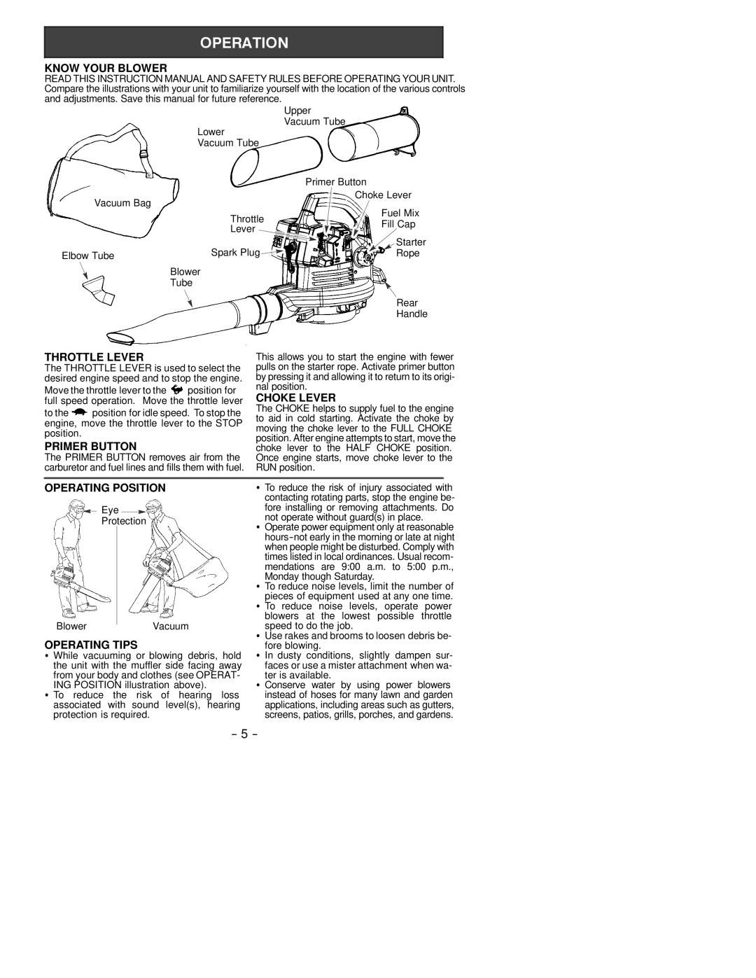 Electrolux SB2000M LE Know Your Blower, Throttle Lever, Choke Lever, Primer Button, Operating Position, Operating Tips 