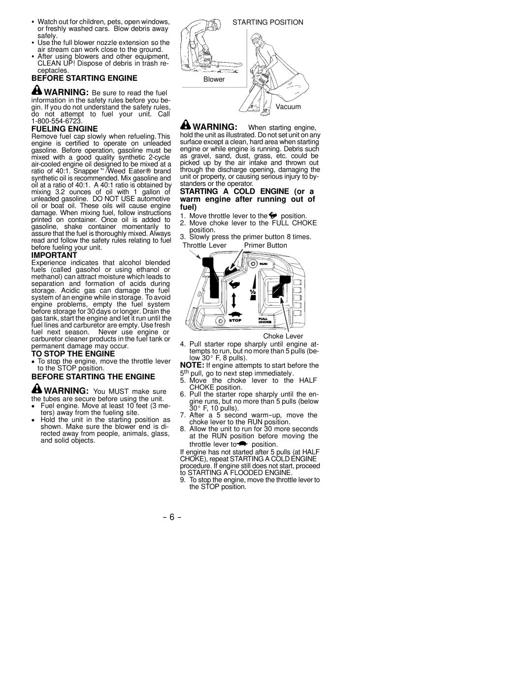 Electrolux SB2000M LE Before Starting Engine Fueling Engine, To Stop the Engine, Before Starting the Engine, Safely 