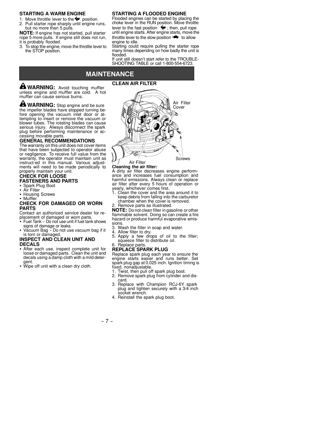 Electrolux SB2000M LE Starting a Warm Engine, Starting a Flooded Engine, General Recommendations, Clean AIR Filter 