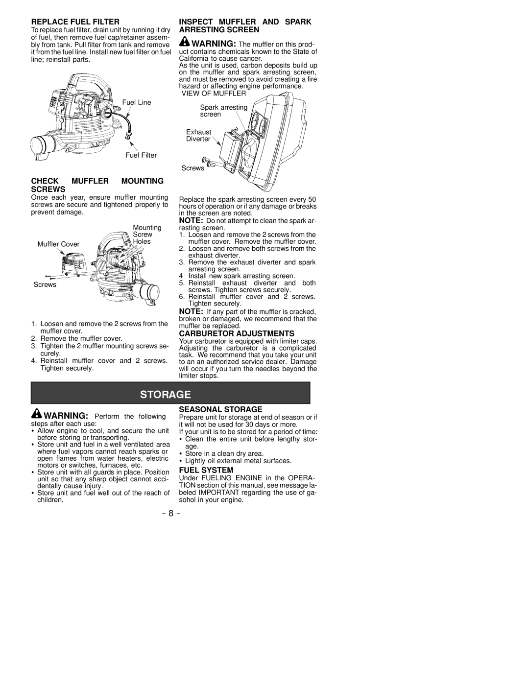 Electrolux SB2000M LE Replace Fuel Filter, Check Muffler Mounting Screws, Inspect Muffler and Spark Arresting Screen 