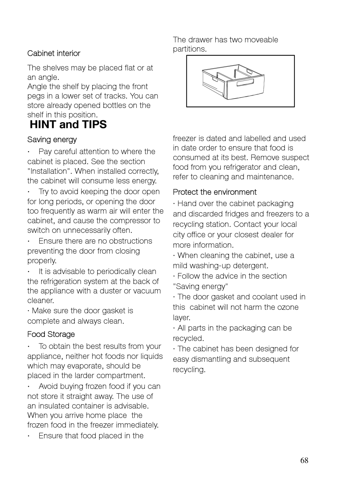 Electrolux SC361W10 user manual Hint and Tips, Cabinet interior, Saving energy, Food Storage, Protect the environment 