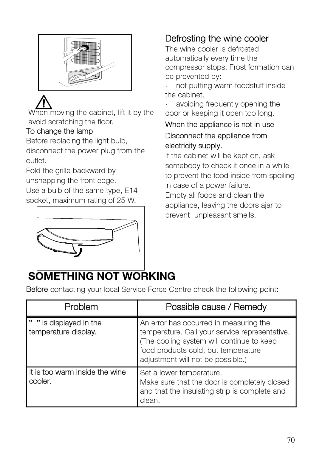 Electrolux SC361W10 user manual Defrosting the wine cooler, Problem Possible cause / Remedy 