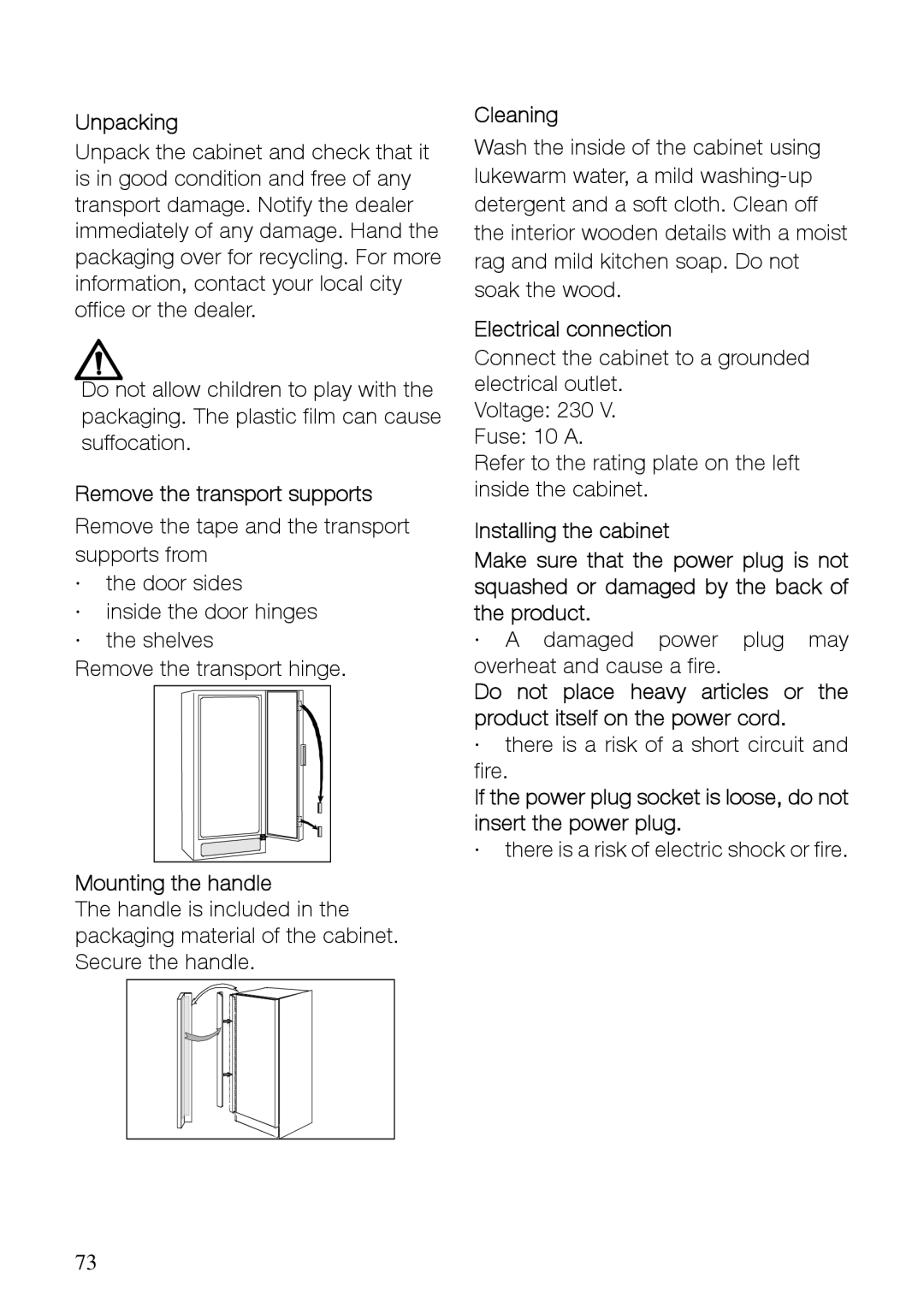 Electrolux SC361W10 user manual Unpacking, Remove the transport supports, Mounting the handle, Electrical connection 