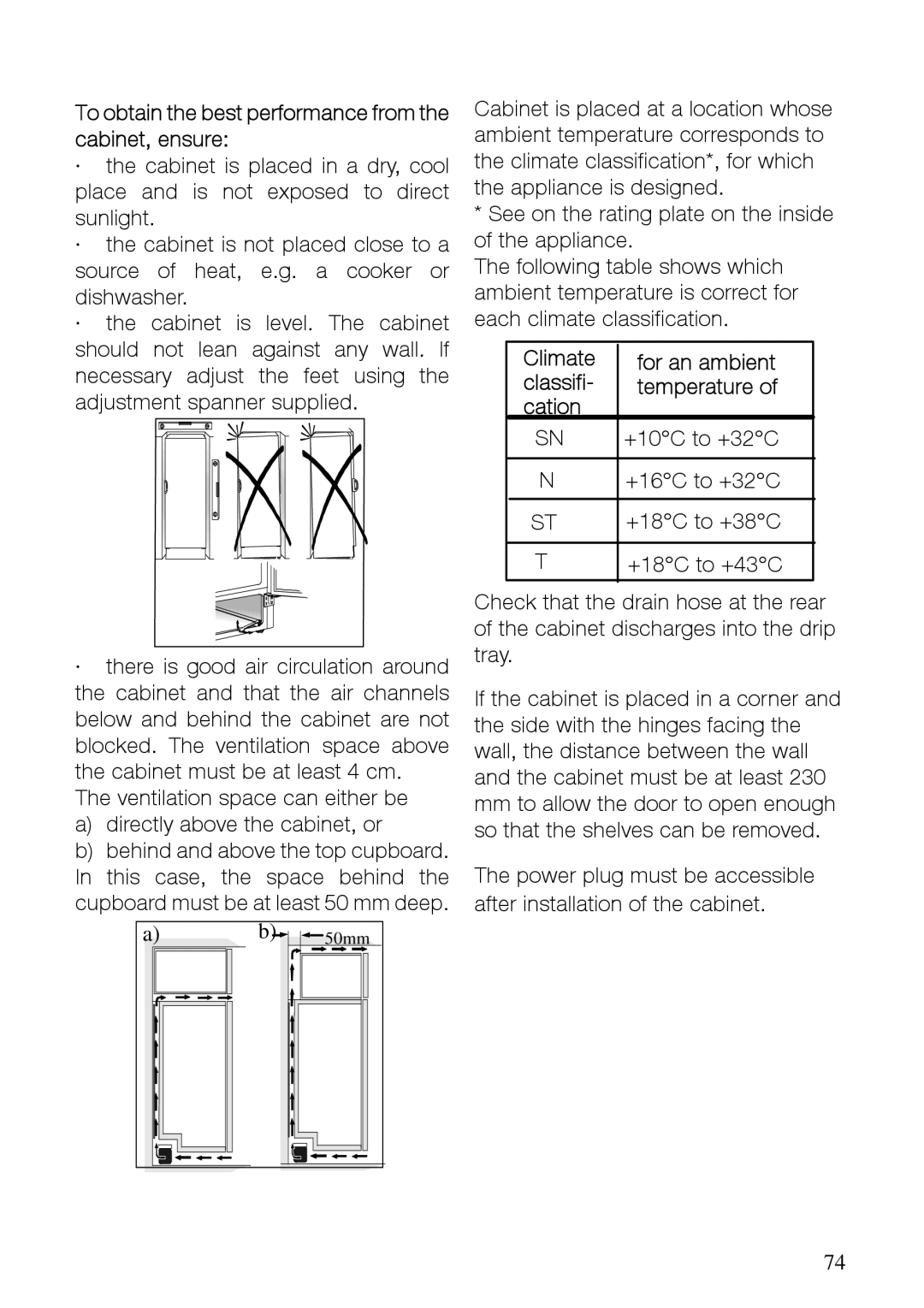 Electrolux SC361W10 user manual To obtain the best performance from the cabinet, ensure, Climate, Classifi, Cation 