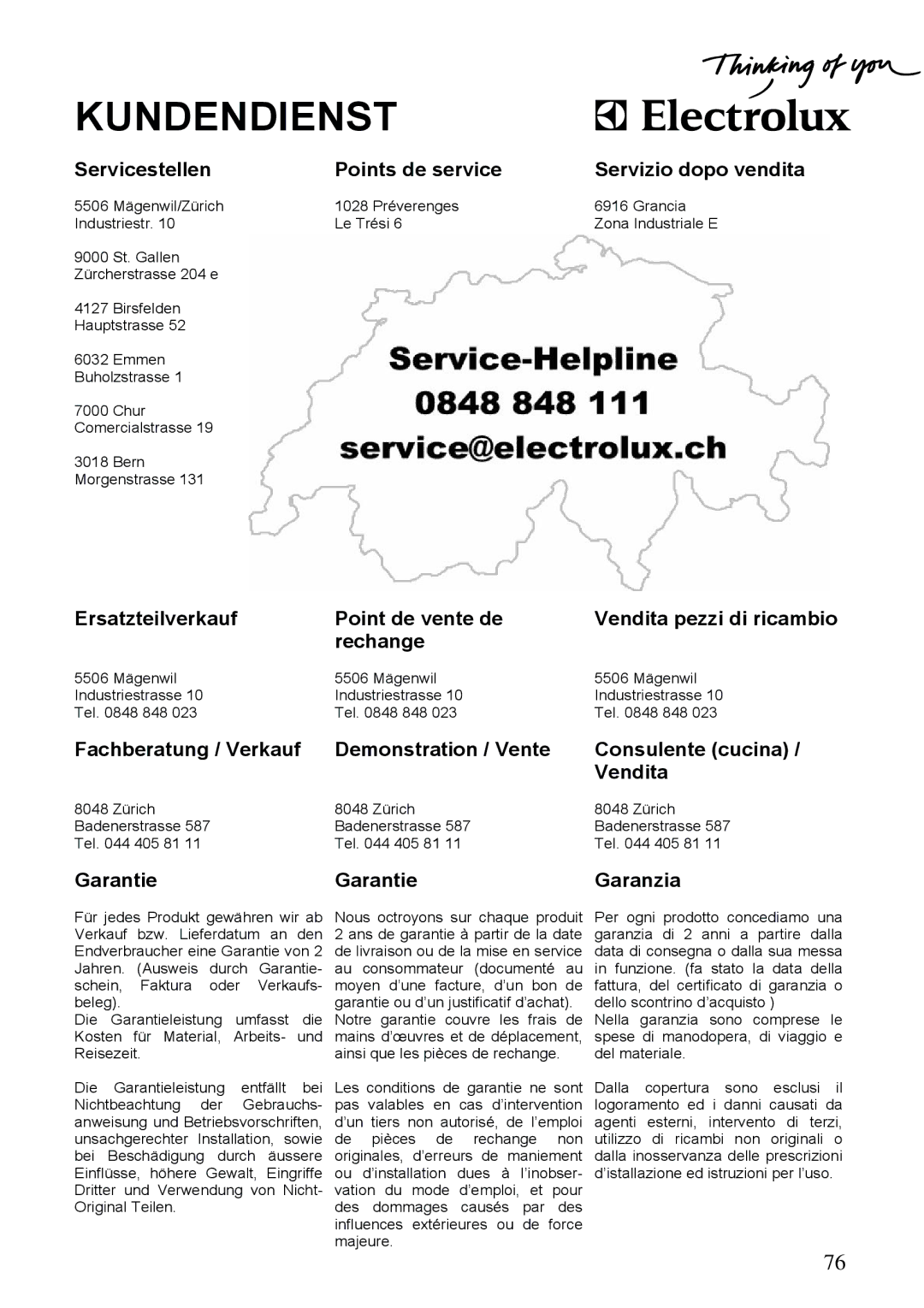 Electrolux SC361W10 user manual Kundendienst 