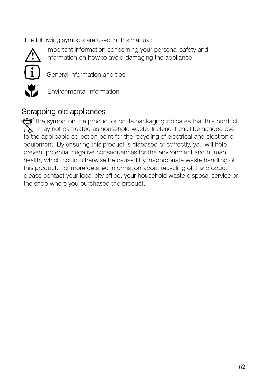 Electrolux SC361W10 user manual Scrapping old appliances 