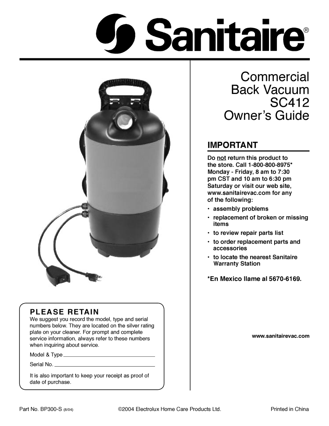 Electrolux warranty Commercial Back Vacuum SC412 Ownerʼs Guide 