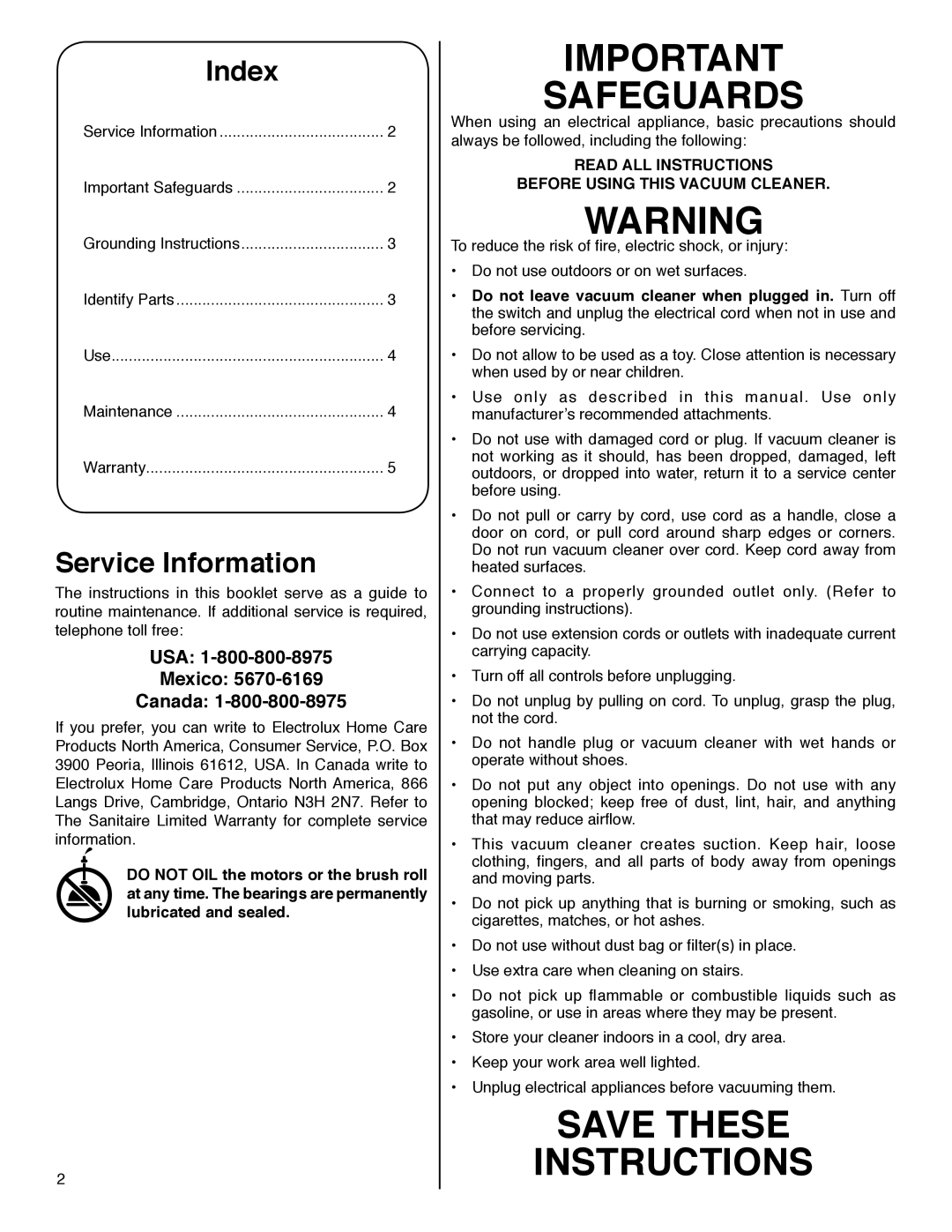 Electrolux SC412 warranty Index, Service Information, Read ALL Instructions Before Using this Vacuum Cleaner 