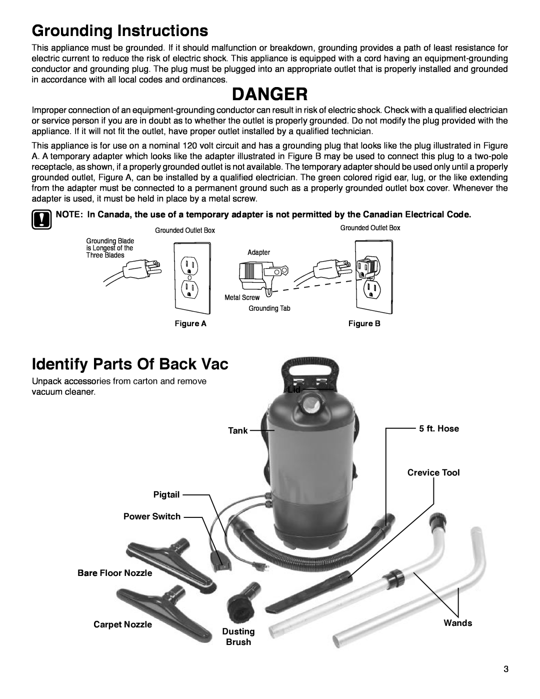 Electrolux SC412 Grounding Instructions, Identify Parts Of Back Vac, Pigtail Power Switch Bare Floor Nozzle Carpet Nozzle 