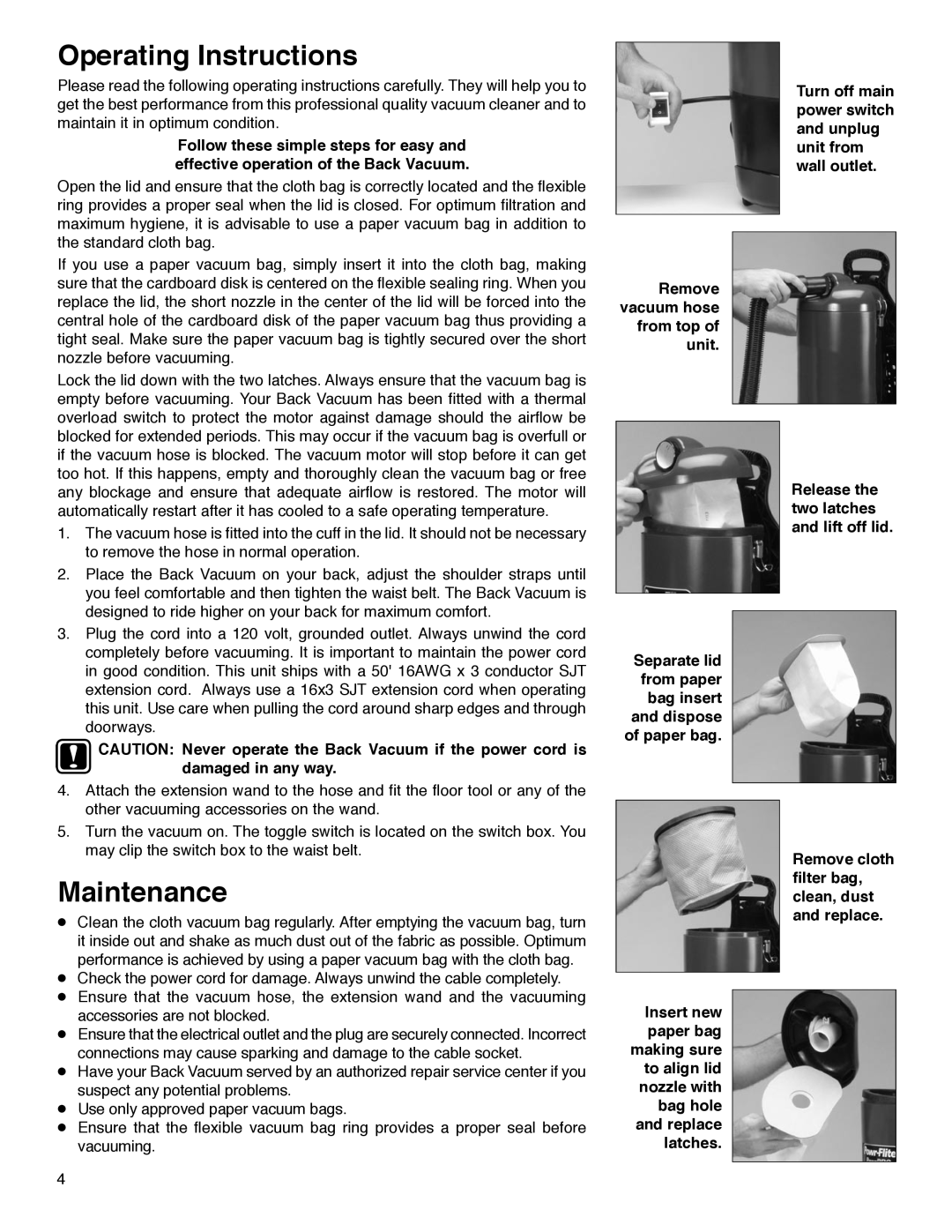 Electrolux SC412 warranty Operating Instructions, Maintenance, Remove vacuum hose from top of unit 