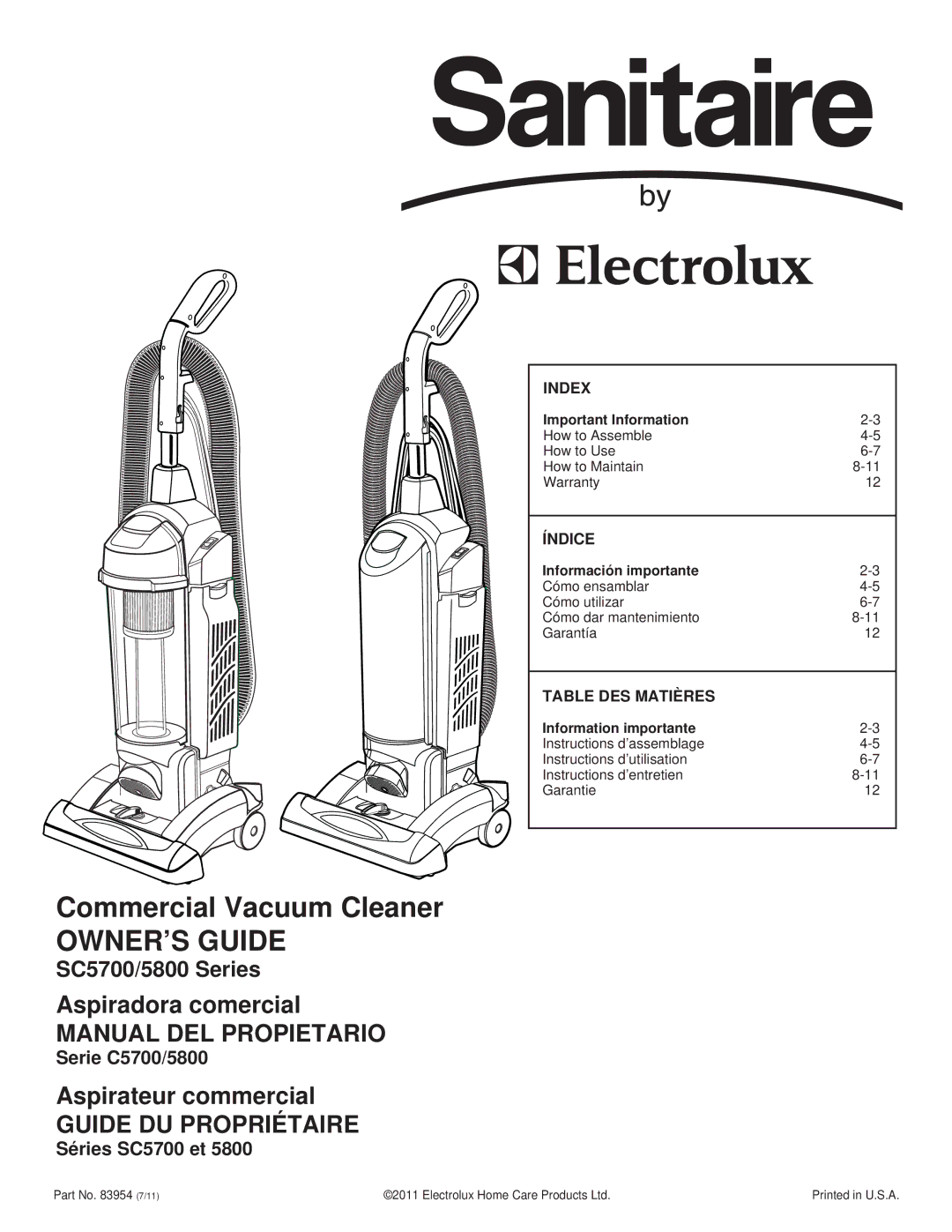 Electrolux SC5700/5800 SERIES warranty SC5700/5800 Series, Index, Índice, Table DES Matières 