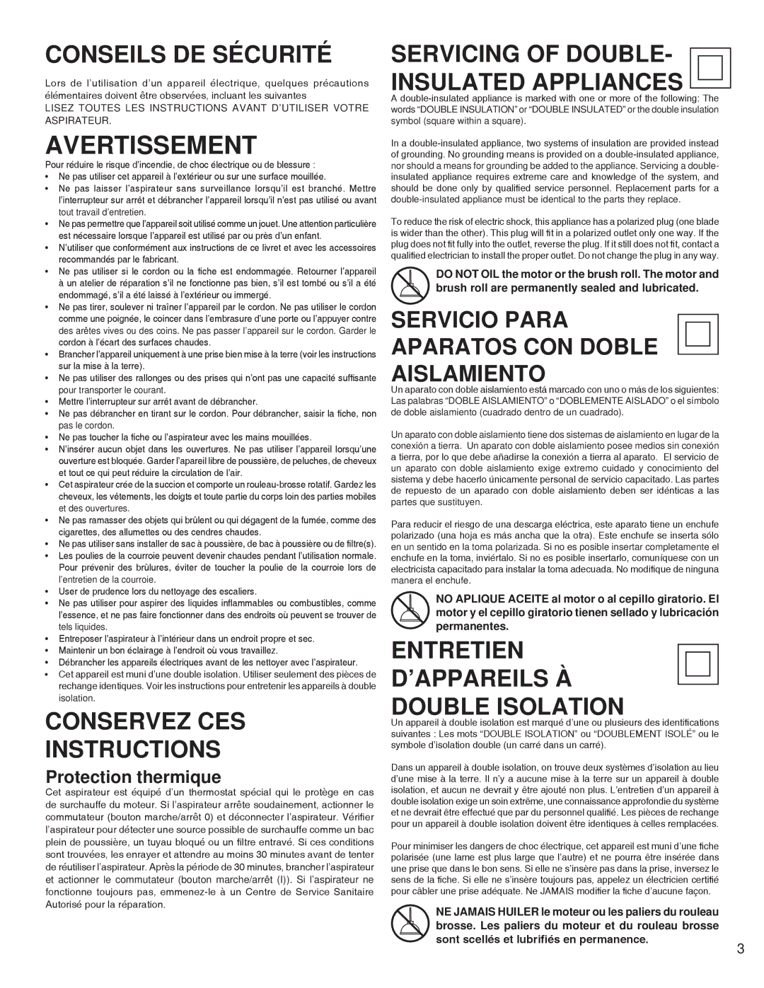 Electrolux SC5700/5800 SERIES warranty Conseils DE Sécurité, Protection thermique 