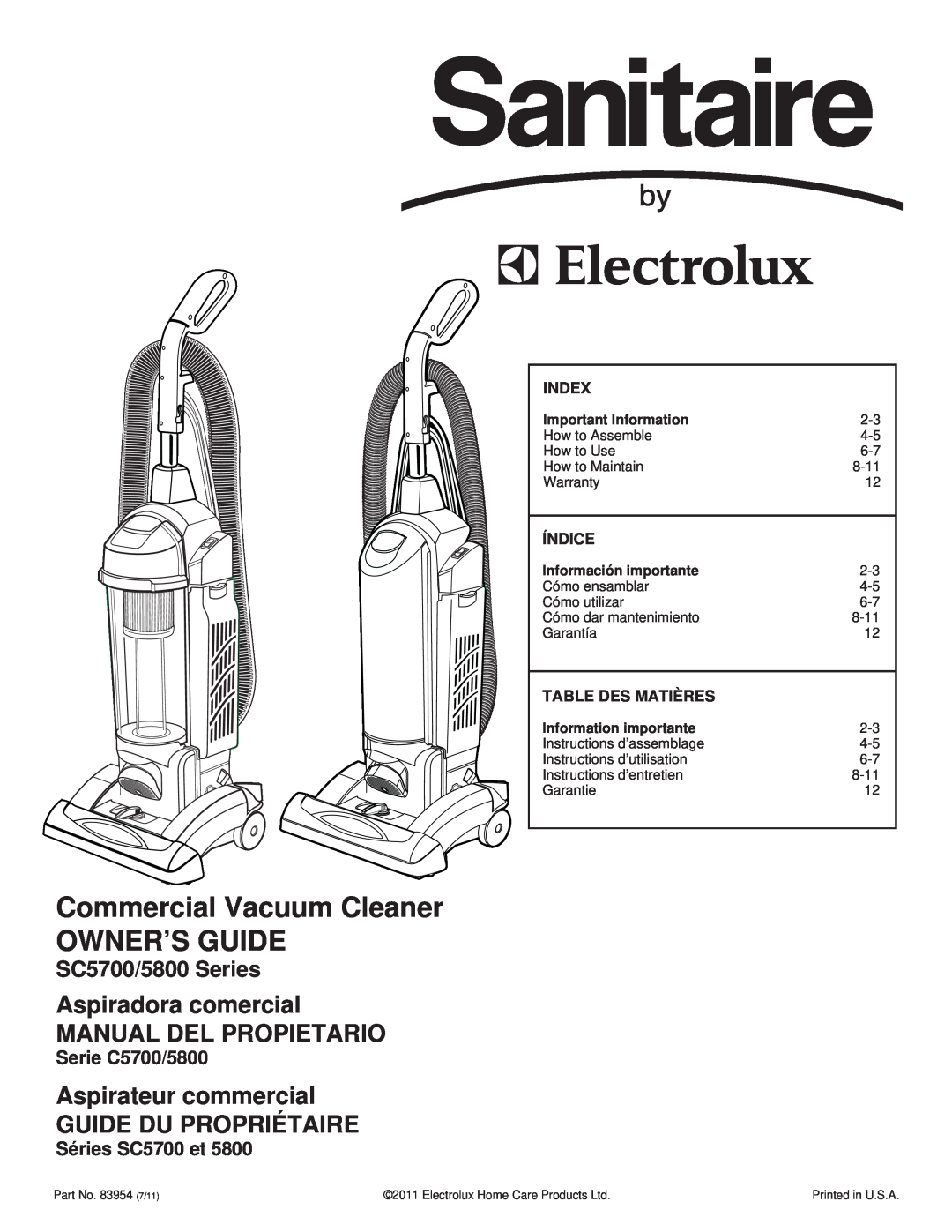Electrolux SC5700/5800 SERIES warranty Commercial Vacuum Cleaner OWNER’S GUIDE, SC5700/5800 Series, Serie C5700/5800 