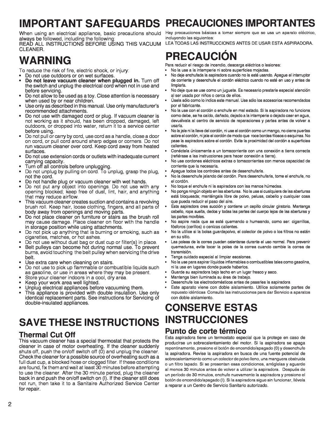 Electrolux SC5700/5800 SERIES warranty Important Safeguards, Precaución, Save These Instructions, Precauciones Importantes 