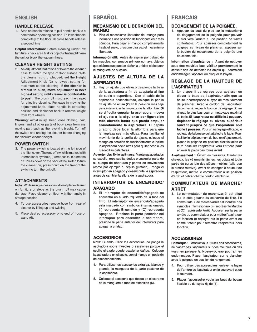 Electrolux SC5700/5800 SERIES warranty English, Español, Francais, Handle Release 