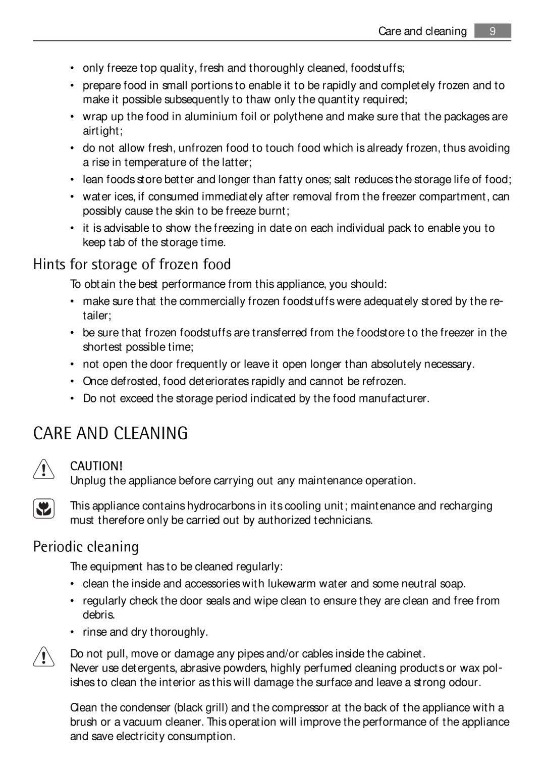 Electrolux SDS51400S0 user manual Care and Cleaning, Hints for storage of frozen food, Periodic cleaning 