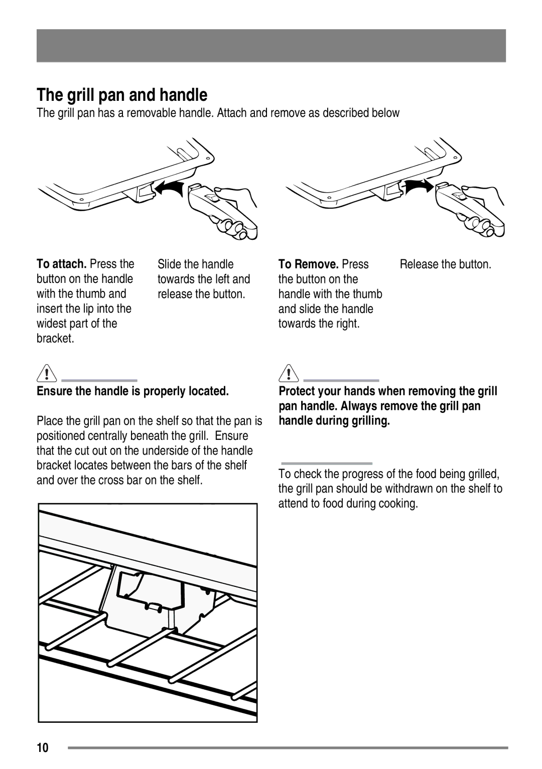 Electrolux SE501/1, SE500/1 user manual Grill pan and handle, To Remove. Press, Ensure the handle is properly located 