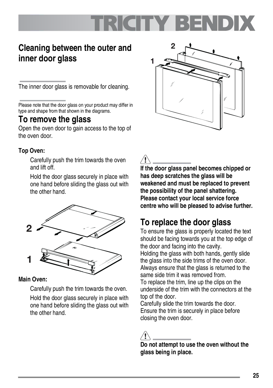 Electrolux SE500/1, SE501/1 user manual To remove the glass, To replace the door glass, Top Oven, Main Oven 