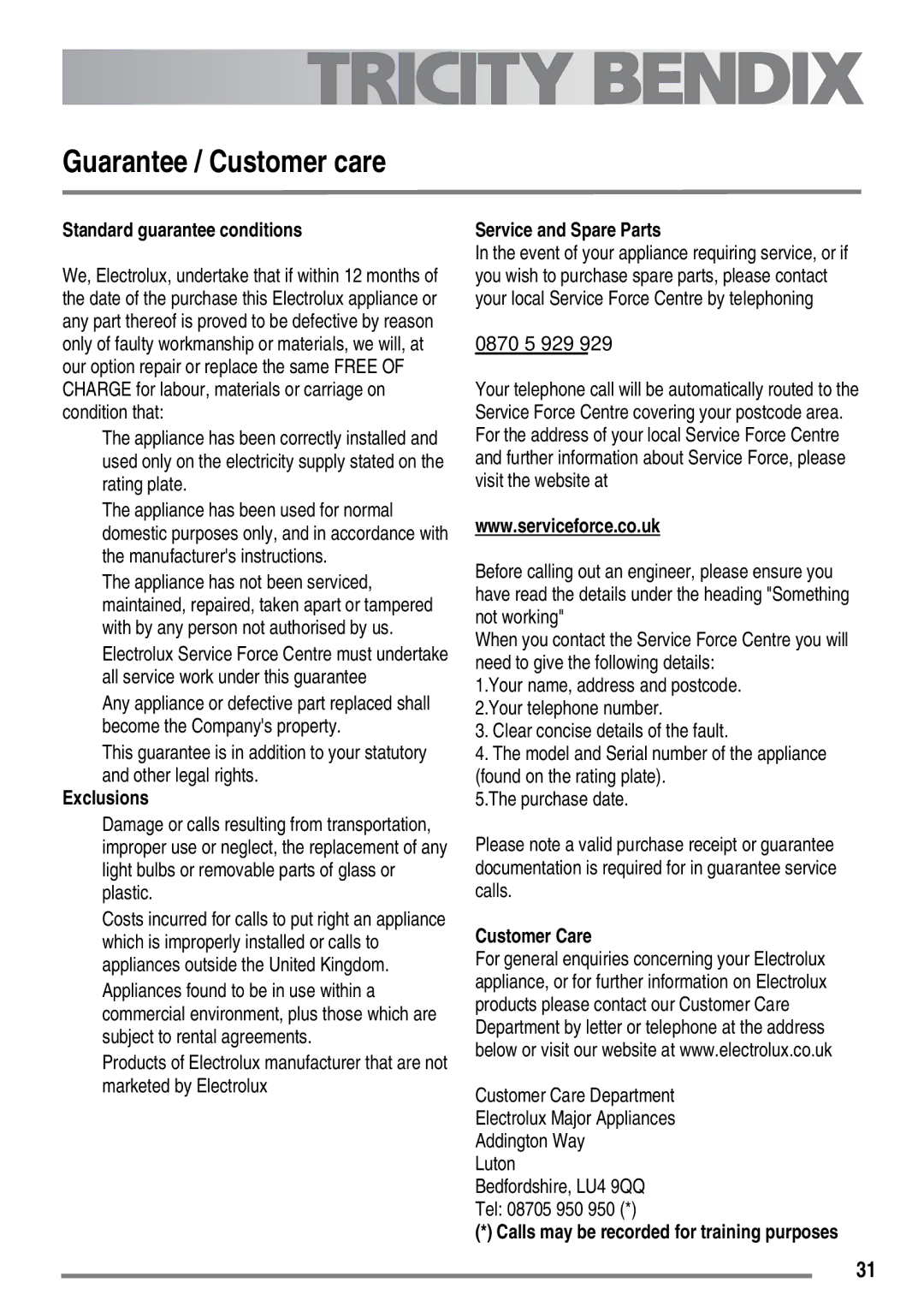 Electrolux SE500/1, SE501/1 user manual Guarantee / Customer care, Standard guarantee conditions 