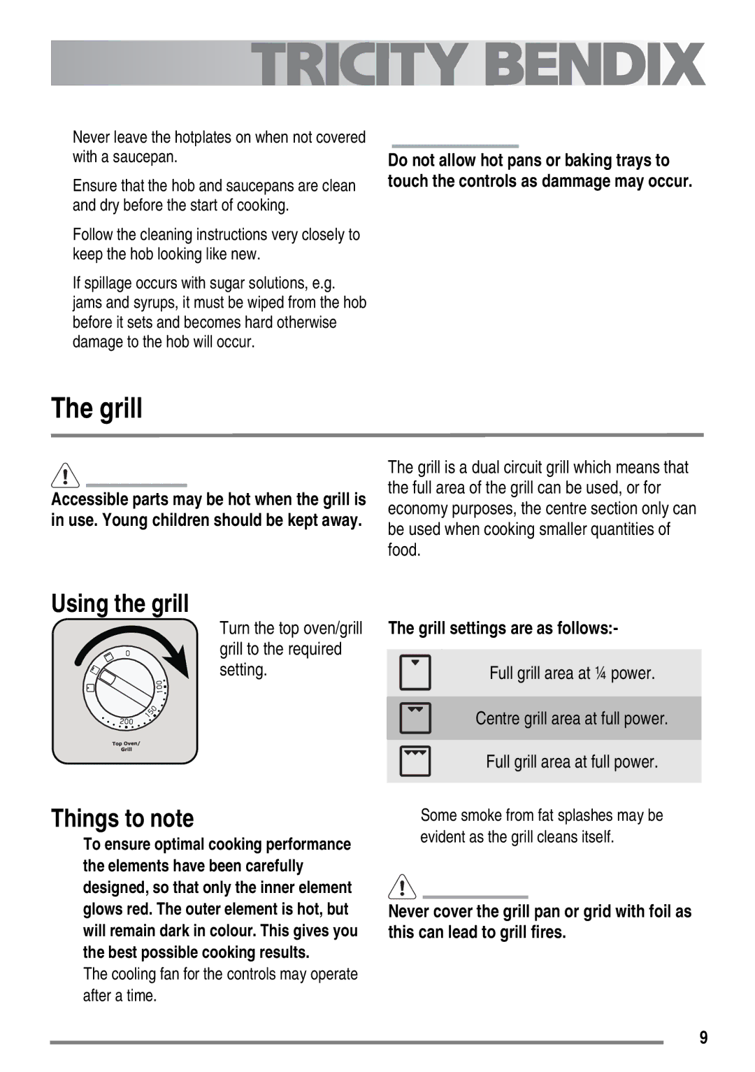 Electrolux SE500/1, SE501/1 user manual Using the grill, Things to note, Grill settings are as follows 