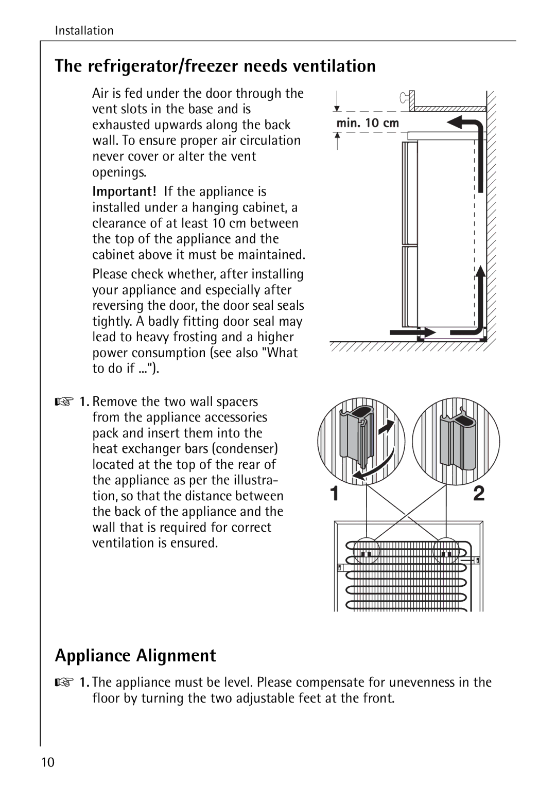 Electrolux Series manual Refrigerator/freezer needs ventilation, Appliance Alignment 