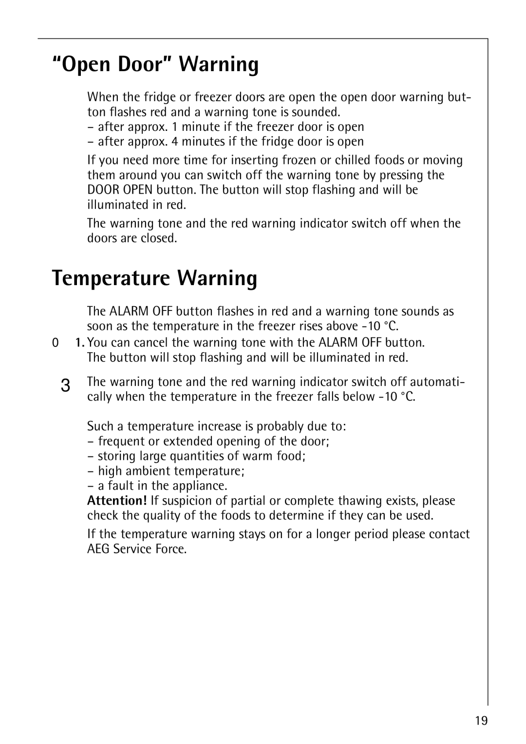 Electrolux Series manual Open Door Warning, Temperature Warning 