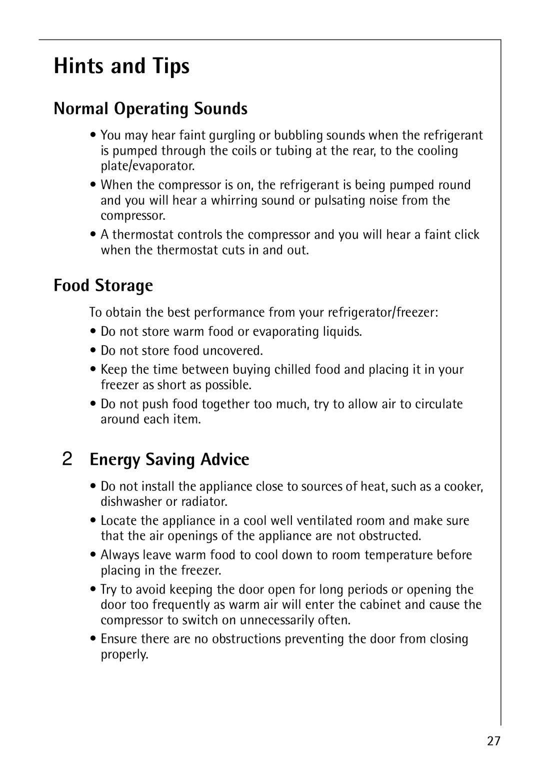 Electrolux Series manual Hints and Tips, Normal Operating Sounds, Food Storage, Energy Saving Advice 