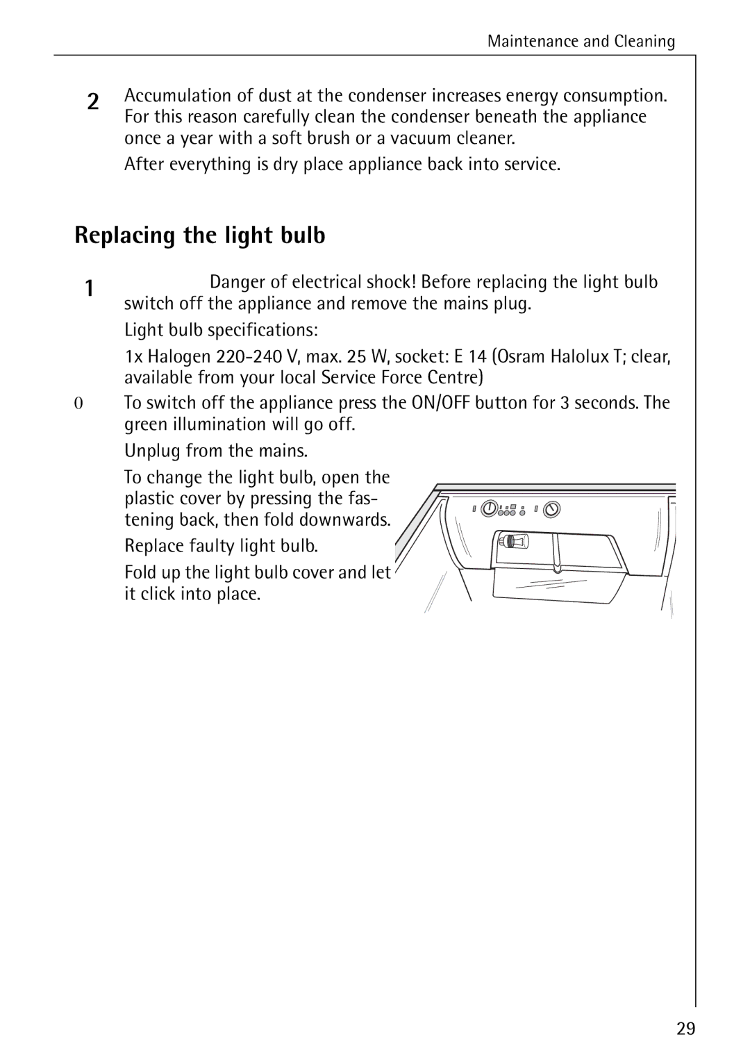 Electrolux Series manual Replacing the light bulb 