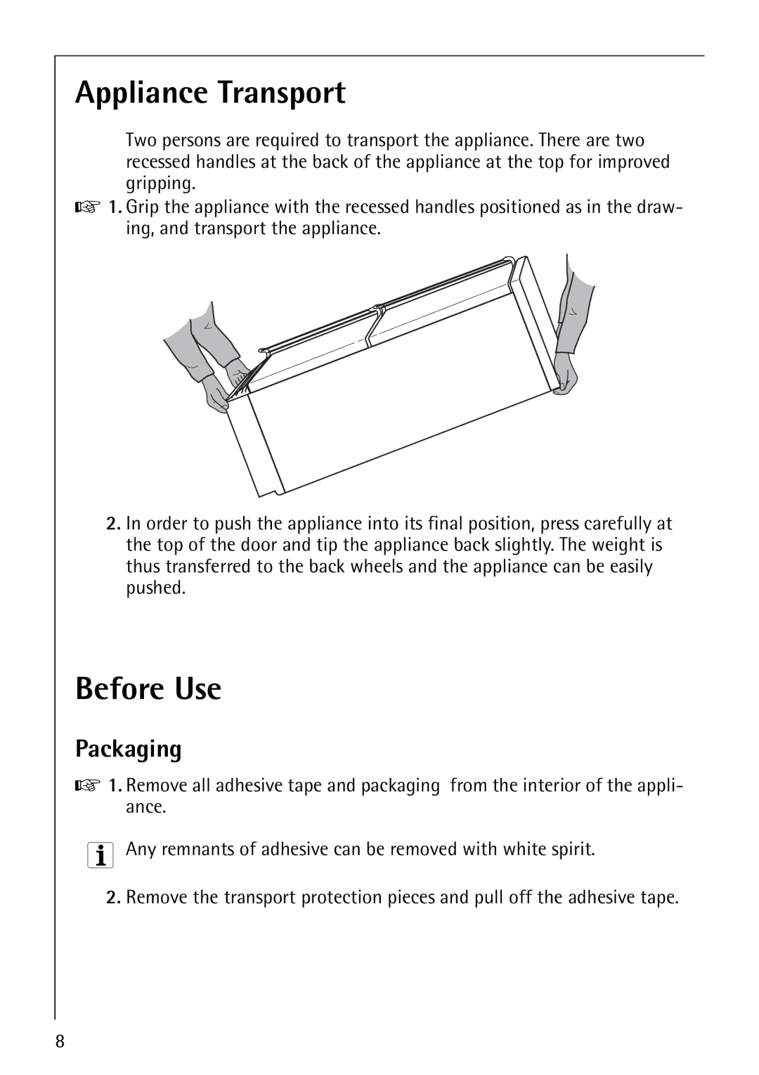 Electrolux Series manual Appliance Transport, Before Use 