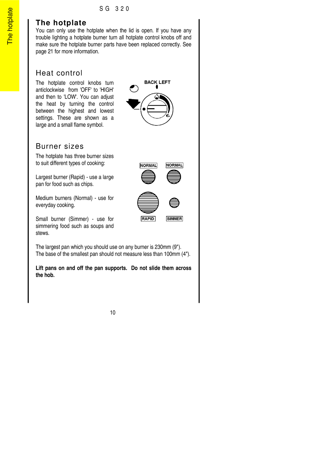 Electrolux SG 320 installation instructions Hotplate, Burner sizes 