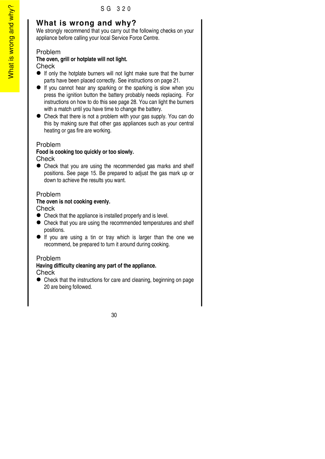 Electrolux SG 320 installation instructions What is wrong and why?, Check 