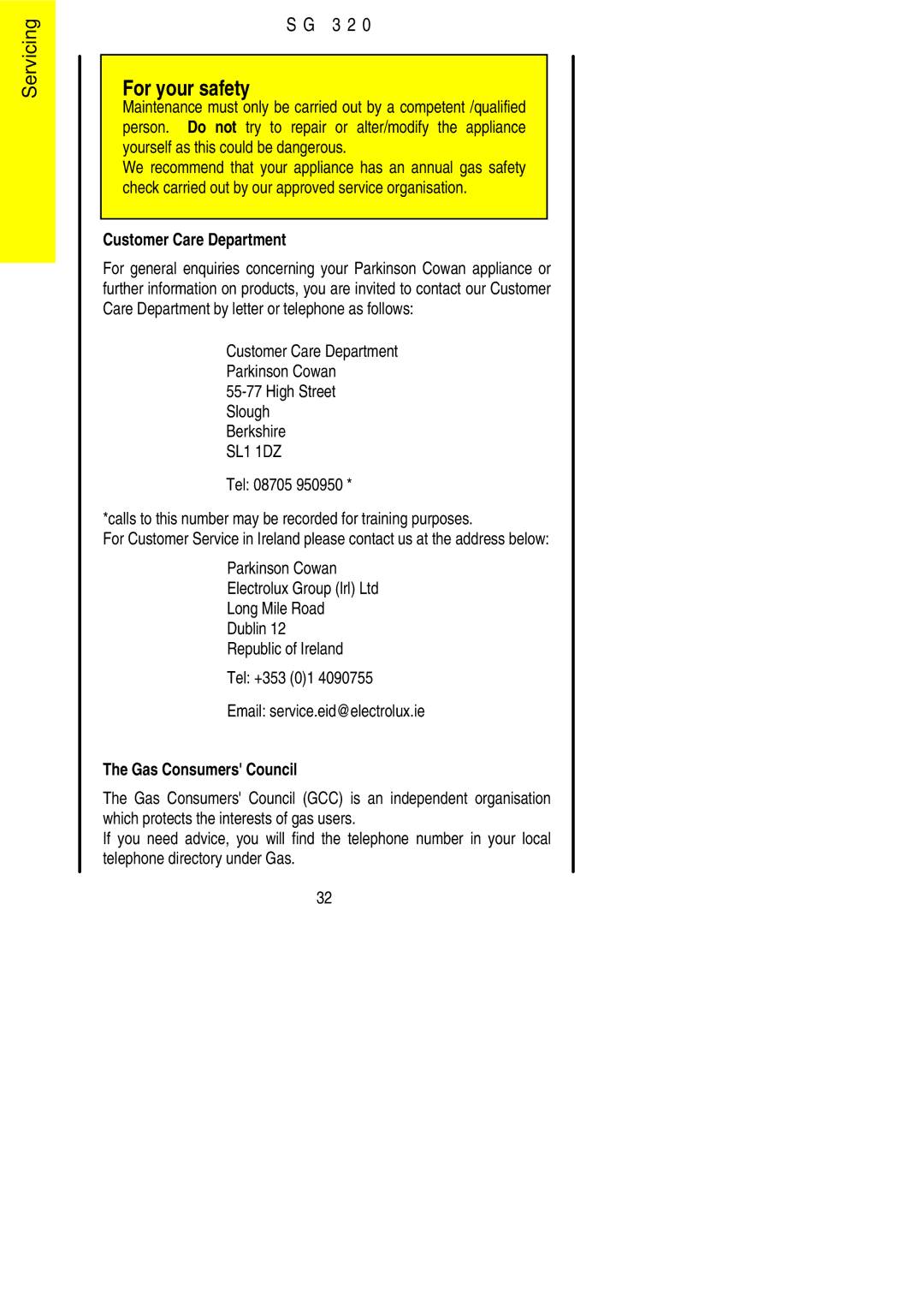 Electrolux SG 320 installation instructions Servicing 