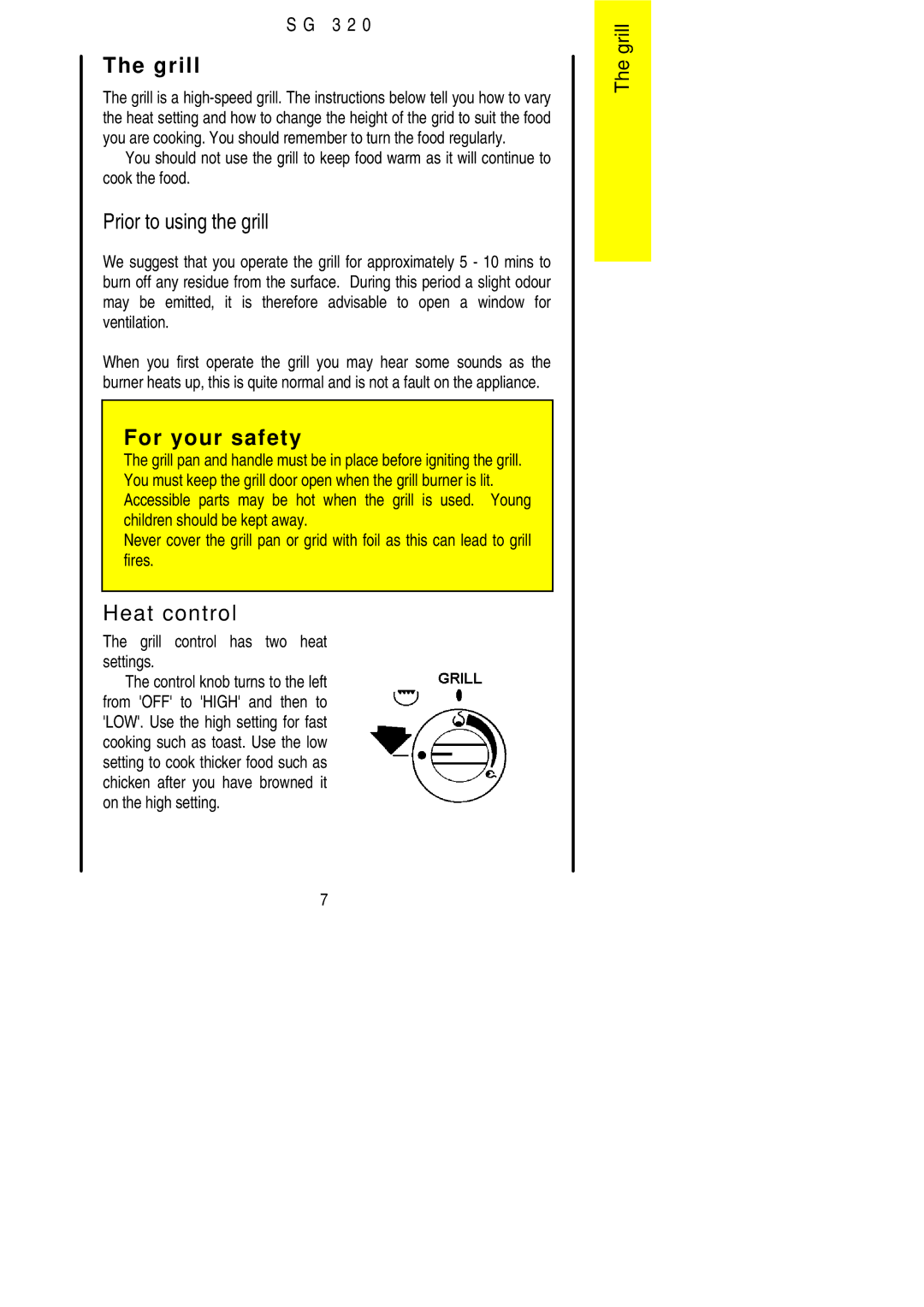 Electrolux SG 320 installation instructions Prior to using the grill, Heat control, Grill control has two heat settings 