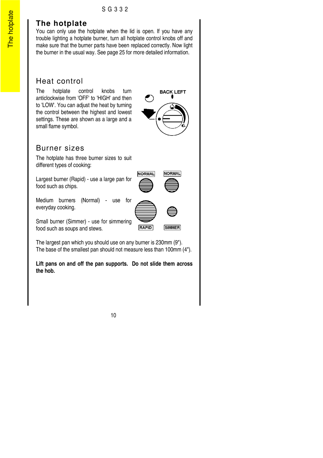 Electrolux SG 332 installation instructions Hotplate, Burner sizes 