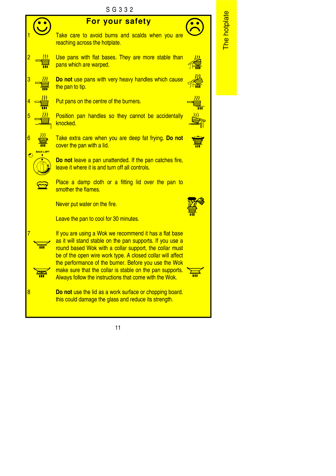 Electrolux SG 332 installation instructions Put pans on the centre of the burners 