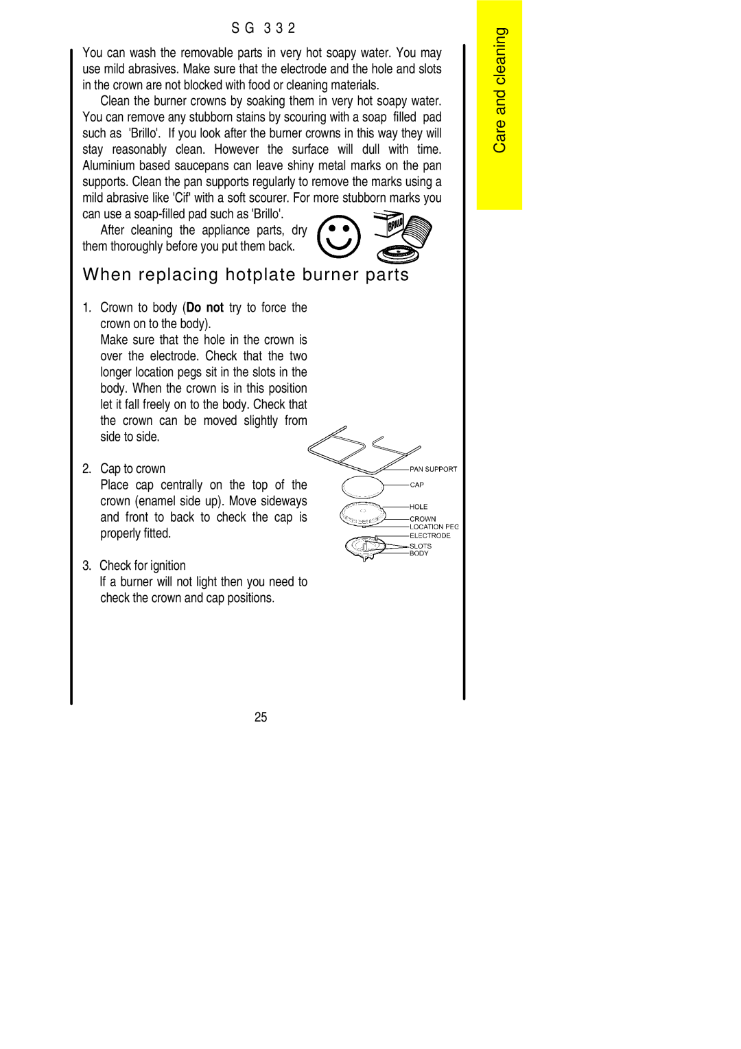 Electrolux SG 332 When replacing hotplate burner parts, Crown to body Do not try to force the crown on to the body 