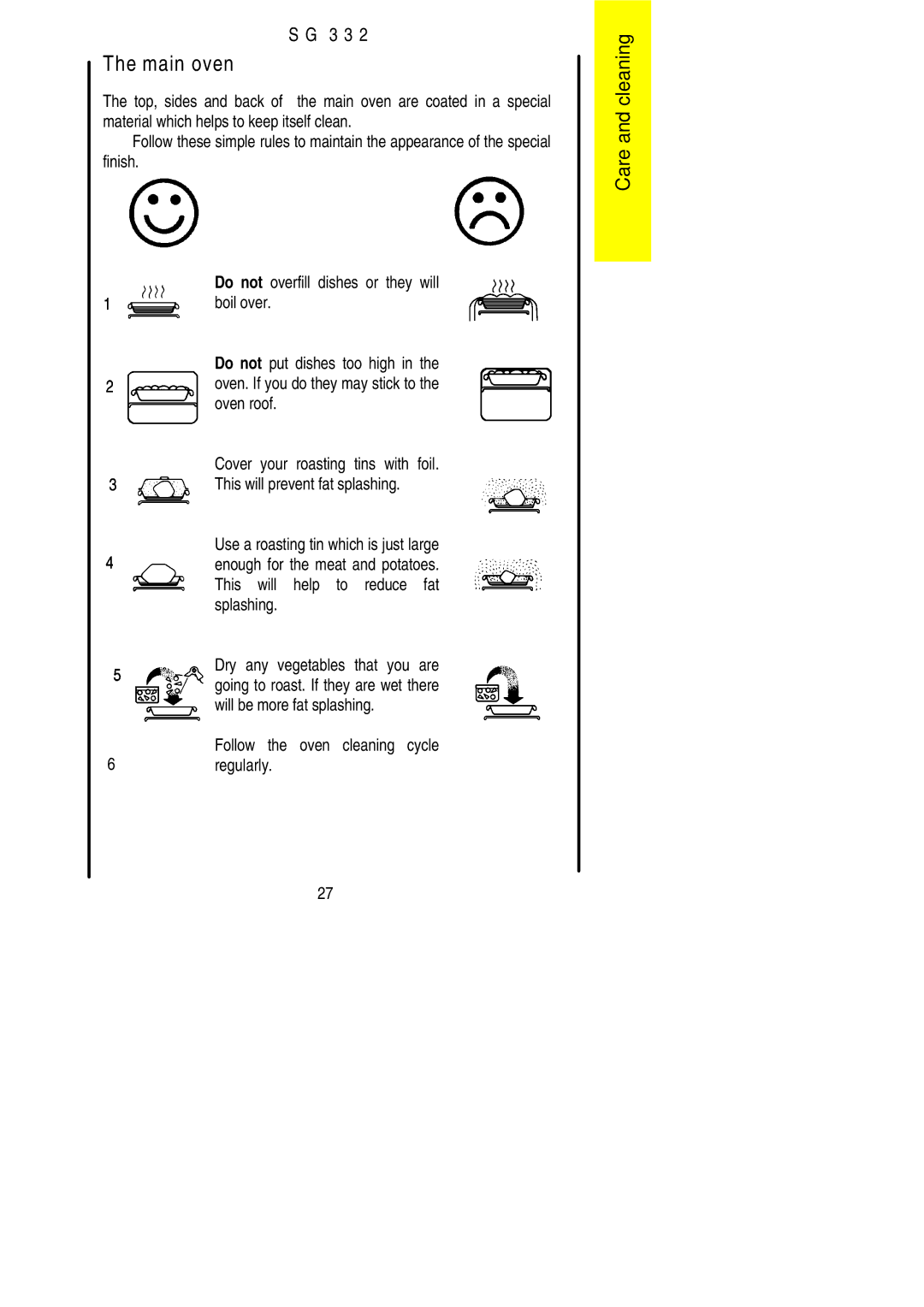 Electrolux SG 332 Boil over, Oven roof, This will help to reduce fat, Splashing, Will be more fat splashing, Regularly 